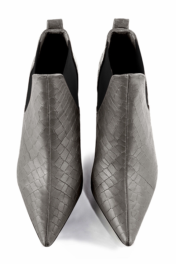 Ash grey and matt black women's ankle boots, with elastics. Pointed toe. Medium spool heels. Top view - Florence KOOIJMAN